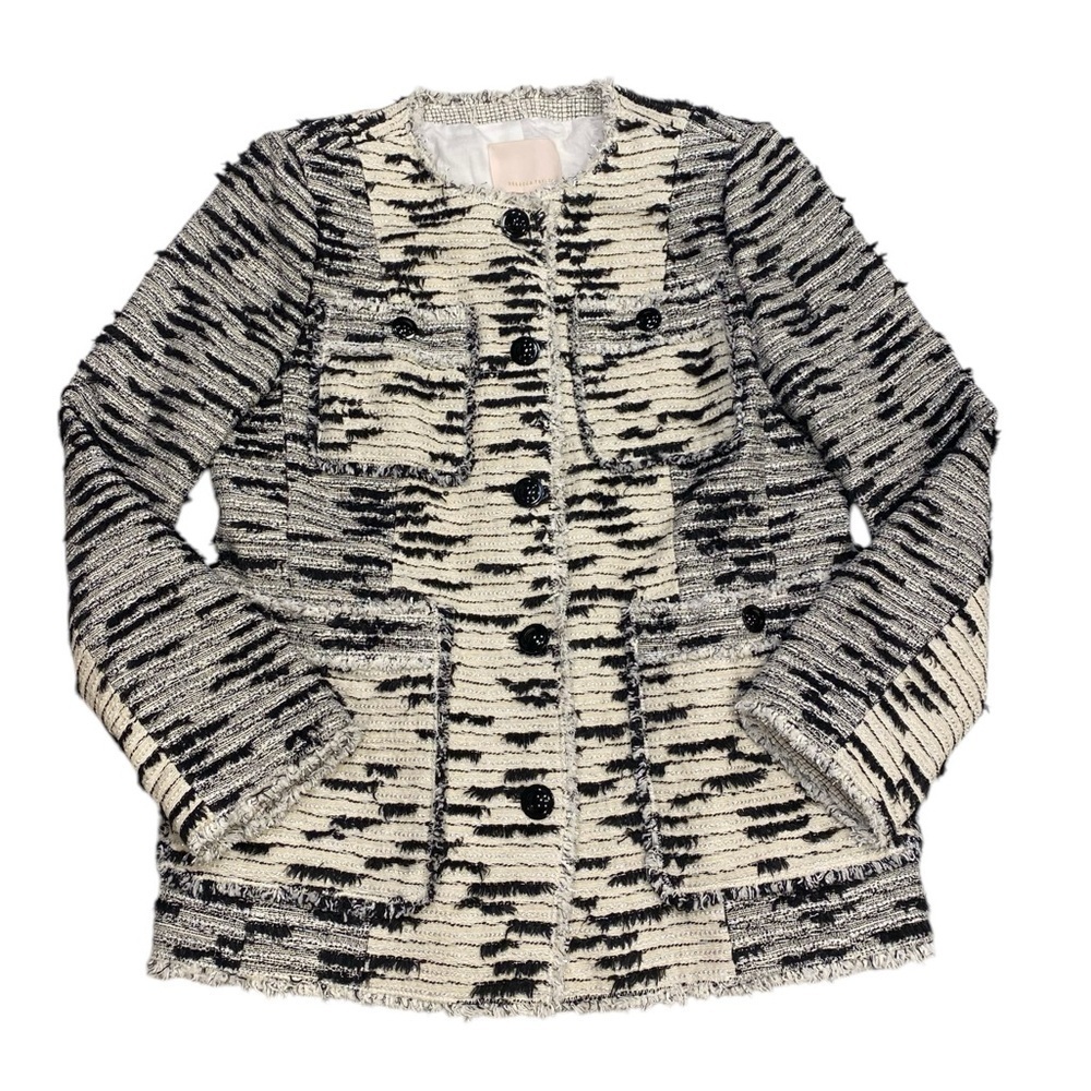 Rebecca Taylor Tweed Jacket Size 10 Black Cream Metallic - Picture 15 of 15